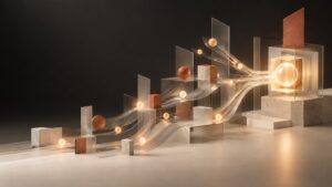 Composición tridimensional abstracta que representa estrategia, diseño y tecnología conectados