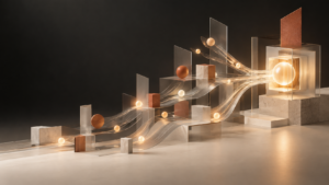 Composición tridimensional abstracta que representa estrategia, diseño y tecnología conectados